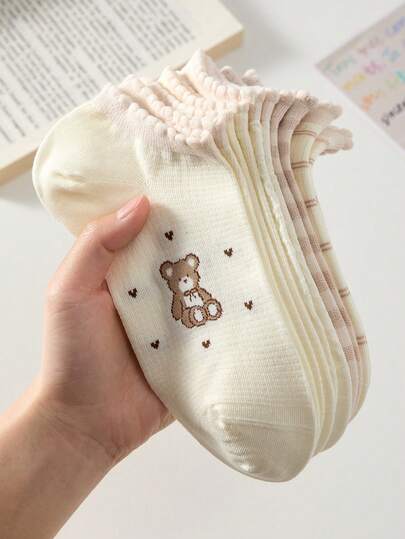 5双装可爱小熊图案白色蕾丝边短袜，女士款，防滑透气舒适