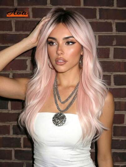 60 cm lång Ava-peruk, syntetisk värmebeständig peruk, mörka rötter med grårosa lockigt hår, lämplig för modemedvetna kvinnor för vardagsbruk, fester, cosplay, halloween och andra tillfällen, naturligt utseende, punkig gatustil, utsökt julklapp, perfekt val för tjejer