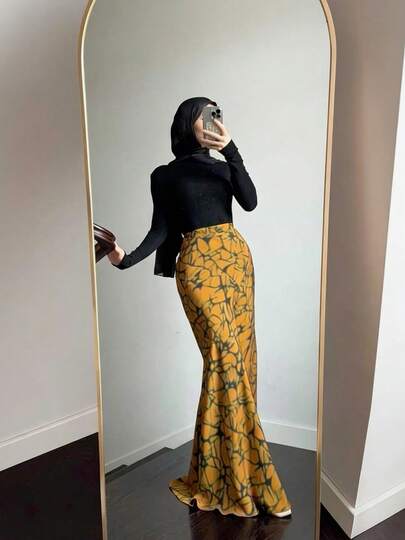 SuofeiMan Women's Elegant Printed Mermaid Skirt 2-Piece Set, Muslim Style Long Sleeve Top And Long Skirt Suit