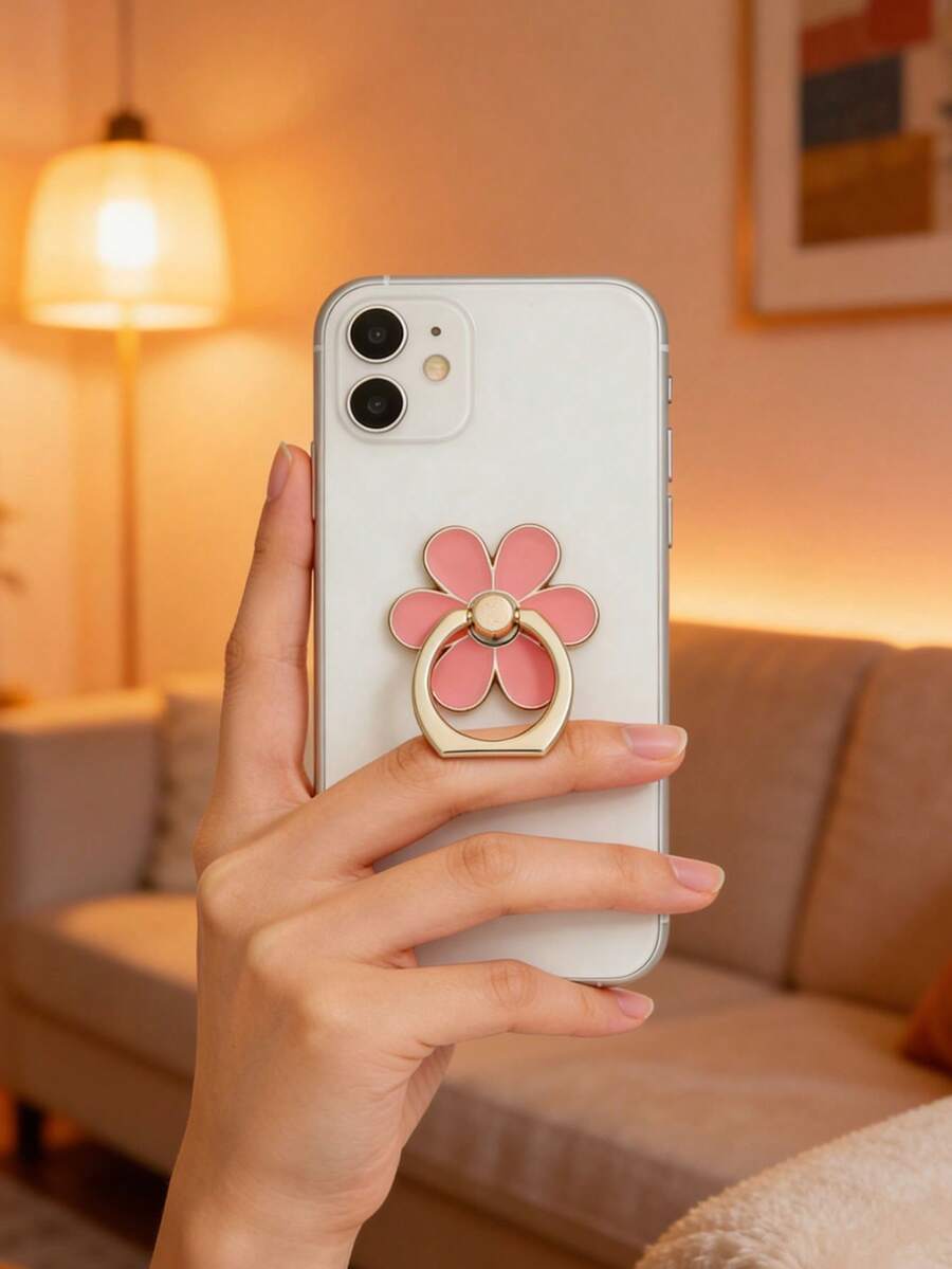 Pink Cute Flower Alloy Metal Petal-Shaped Metal Anti-Drop Phone Ring Holder With Adhesive Backing, Suitable For Phone Cases, Adorable Phone Ring Stand For Girls Spring Gift - Multicolor - View 1