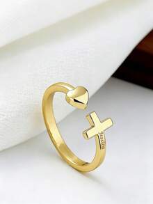 Cross Ring With Heart, Engraved Religious Ring With Name, Date Or Word, Yellow, Rose Or White Gold, Personalized Faith Ring. - Multicolor - View 2