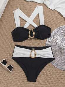 Wohenmeili Contrast Color Patchwork Metal Decor Women's Bikini Set High Cut Swimsuit Vacation Beachwear Sexy Two Piece Swimwear 2026 New Arrival - 黑與白 - 查看 1