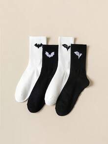 1/6 par (entrega aleatoria) Calcetines tipo tripulación con diseño de murciélago de dibujos animados, unisex y frescos, de moda y versátiles para el uso diario, primavera y otoño - Blanco y Negro - Ver 6