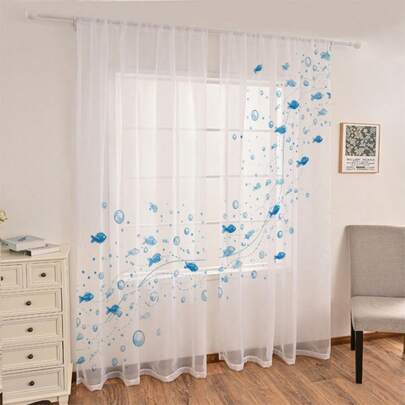 2pcs Ocean-Themed Sheer Curtains Featuring A Group Of Blue Fish And Bubble Patterns. Semi-Transparent With A Fresh, Nautical Style, Suitable For Living Rooms, Bedrooms, And Dining Rooms.