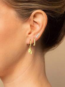 3pcs Classic Elegant Gold Leaf Cubic Zirconia Studded Earrings, Fashionable Gift Earrings For Friends - Gold - View 2