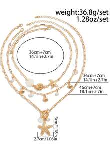Set de 3 piezas de collar con colgante de estilo de vacaciones oceánicas que incluye concha, caracol y estrella de mar, con cierre de metal OT. Collar con colgante de estrella de mar 3D, collar con colgante de concha de caracol 3D creativo y de moda, adecuado para uso diario, vacaciones y fiestas de mujeres. - Dorado - Ver 6