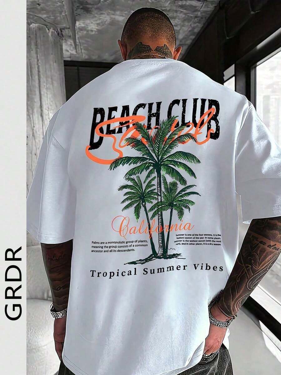VintageGRDR Men's Fashionable Loose Fit Short Sleeve Patterned T-Shirt, Summer Essential Exquisite Design Easy To Combine - 白色 - 查看 1