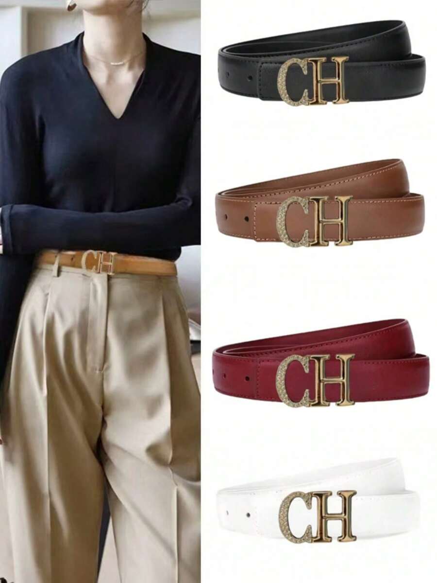 女士腰带，配CH字母和水钻合金扣，时尚百搭高品质真皮腰带 - 彩色 - 查看 1