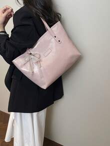粉色优雅女士单肩包，大容量PU手提包，带吊坠装饰，适合OL - 粉色 - 查看 5