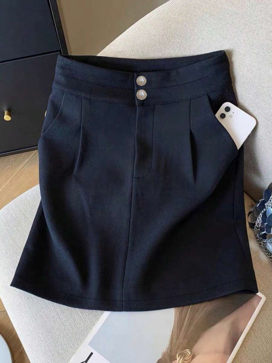 2026 Nuevo Minifalda de Línea A con Cierre de Botones para Verano, Versátil para Trabajo y Uso Casual en Primavera - Azul Marino - Ver 1