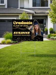 Customized Graduation Backdrop Fabric, Black & Gold Themed Printed Poster With Customizable Class Name. 2026 Graduation Banner - Black & Gold Background, Personalized Graduation Lawn Sign With Photo, Double-Sided Waterproof Sign, Graduation Party - Multicolor - View 4