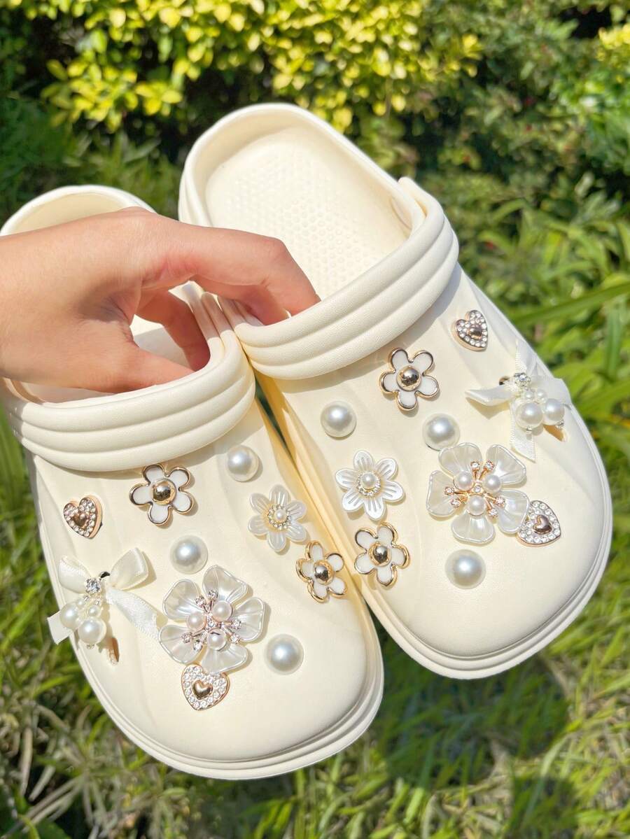 20pcs White Bow Pearl Flower Decor, Suitable For Slippers, Sandals, DIY Accessories - White Flowers - View 1