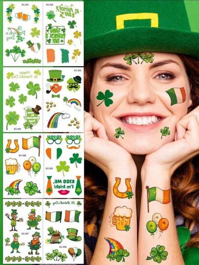 10pcs St. Patrick's Day Lucky Clover Temporary Tattoo Stickers, St. Patrick's Day Party Decorations Gifts, Clover Lucky Shamrock Balloon Hat Rainbow Pattern Stickers, Suitable For Holiday Party, Nightclub Celebration