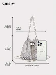 CHISIY Original Handmade Elegant Rhinestone Embellished Bucket Bag, Luxurious Gold, Silver, Rose Red PVC & Fabric, Fashionable, Spacious, Versatile Tote Bag, Suitable For Work, Shopping, Travel, Party, Wedding, Autumn/Winter, Great Gift For New Year, Valentine's Day - Bạc - Xem 2