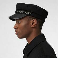 Men Women Felt Beret Hat Stylish Decorative Chain Flat Top Front Wide Brim Painters Cap - 黑色 - 查看 4