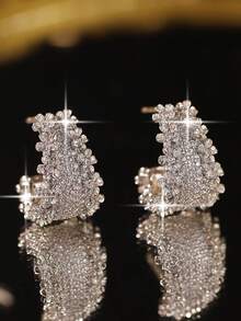 1 Pair Luxury C-Shape Floral Cubic Zirconia Stud Earrings, French Retro Wedding Earrings, Suitable For Women's Daily Wear And Various Occasions - White - View 8