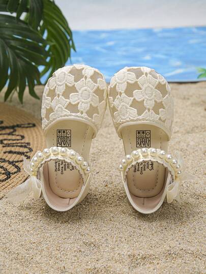 1 Pair Girls' Children's Fashion Lace Handmade Butterfly Decor Shoes, Minimalist Floral Embroidered Beaded Breathable Mesh & PU Material, Round Toe Soft Elastic Strap Non-Slip Flat Princess Sandals, Suitable For Dresses, Piano Performance, Spring/Summer/Autumn