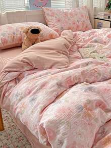 2/3pcs Pink Flower Printing, Super Soft, Student Sushe,Sweet And Lovely Girl, Student, Washed And Sanded Quilt Cover Pillowcase Set In Spring And Summer Twin Queen King - Watermelon Pink - View 6