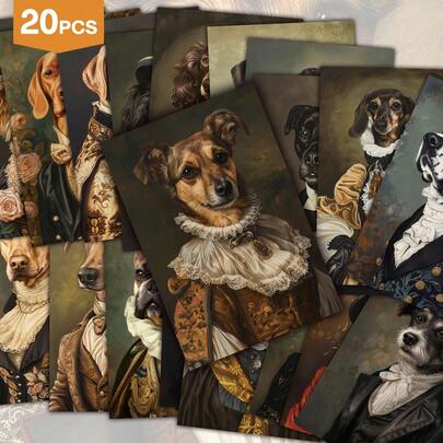 20张复古维多利亚绅士狗狗艺术明信片，文艺复兴时期皇家宠物肖像装饰海报卡，非常适合卧室和客厅墙面装饰、剪贴簿、贺卡制作、日记、DIY拼贴画套装，是送给爱狗人士的完美礼物（10x15厘米）
