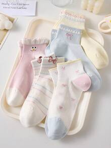 5 paires de chaussettes courtes pour femmes avec nœud et motifs d'expressions mignons, respirantes et antidérapantes, convenant pour le printemps et l'été - Multicolore - Voir 5