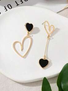 1 Pair Of Chic Asymmetric Metal Heart Pendant Earrings, Gift For Birthday, Anniversary, Date - 黑色 - 查看 1