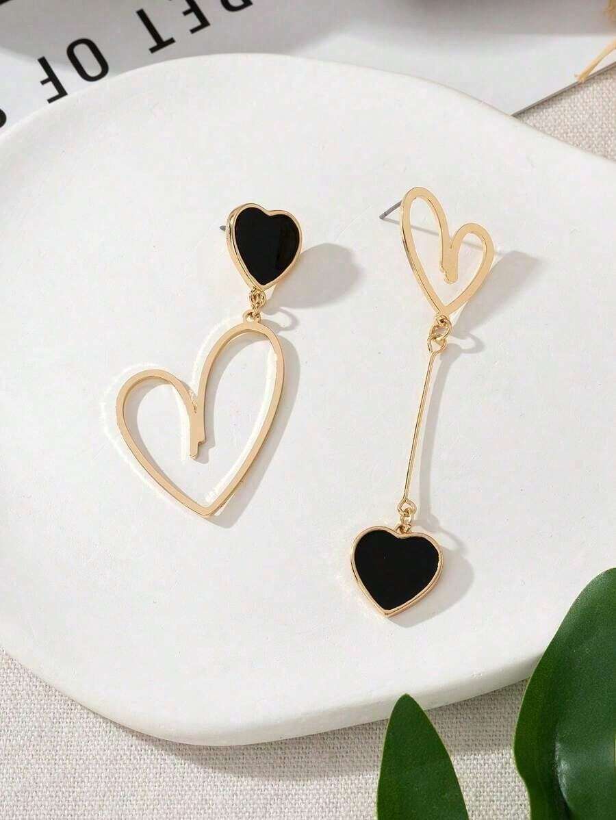 1 Pair Of Chic Asymmetric Metal Heart Pendant Earrings, Gift For Birthday, Anniversary, Date - 黑色 - 查看 1