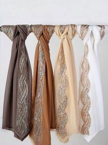1 pieza Bufanda de mujer de unicolor con lentejuelas de strass y perlas de gasa, versátil y elegante nueva bufanda para la cabeza, chal protector solar para el uso diario - Multicolor - Ver 7