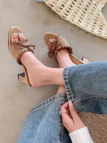 French Retro Woven Slippers For Women, Summer New Stylish High Heel Thick Heel Sandals - Khaki - View 2