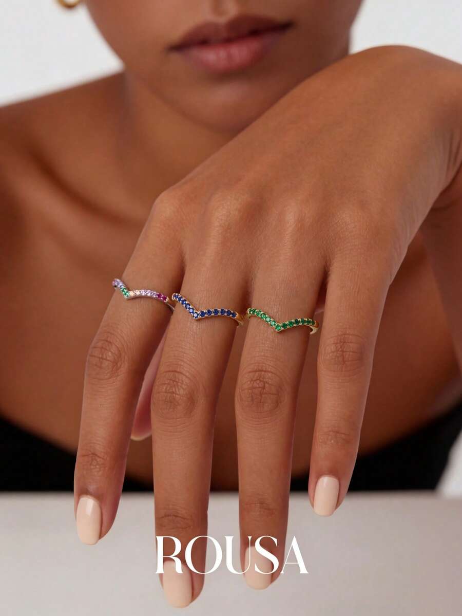 1枚925纯银浅V形镂空戒指，时尚精致水晶耳环，优雅首饰 - 戒指 - 查看 1