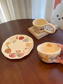 1pc Hand-Painted Graffiti Fruit Ceramic Coffee Cup & Saucer, Milk Mug, Rice Bowl, High-Quality Dessert Plate, Gift - Multicolor - View 8