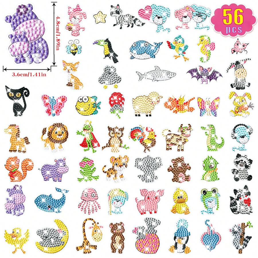 56pcs Diamond Painting Stickers, Cartoon Animal DIY Stickers For Freestyle Decoration - Sets - View 1