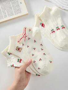 5 Pairs Cherry Pattern Women's White Lace Trim Ankle Socks, Non-Slip Breathable, Suitable For Spring And Summer - White - View 4