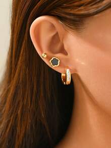 3 Pairs Stainless Steel Micro-Inlaid Diamond Flower Stud & Hoop Earrings Set, Fashionable & Versatile For Daily Wear - Multicolor - View 2