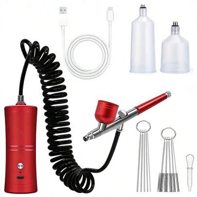 便携式喷枪套装，含压缩机、USB充电式无线空气压缩机及清洁喷枪，适用于化妆、美甲、模型上色、DIY手工、面部彩绘等。