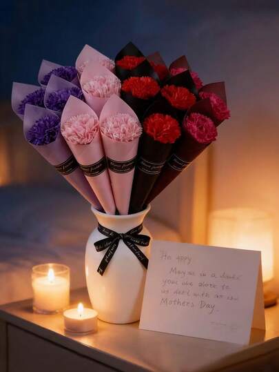 5支仿真康乃馨花束，适合母亲节。每支康乃馨都配有丝带，栩栩如生，经久耐用。是母亲节、生日和婚礼派对的理想之选。