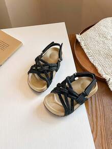 1 Pair Children's Retro Woven Flat Sandals, Non-Slip Versatile Hook And Loop Roman Kids Shoes, Comfortable Casual Girls Shoes - Black - View 5