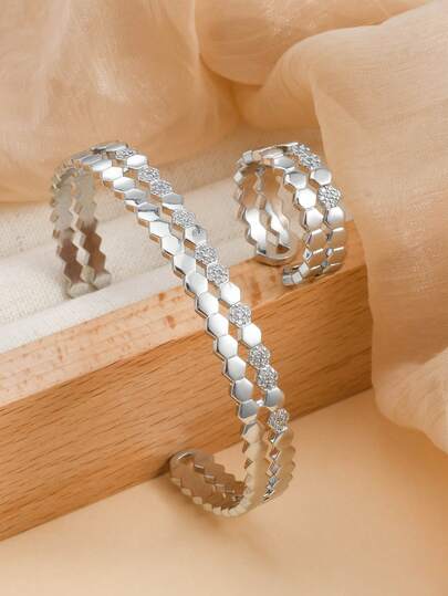 2 piezas Juego de anillo abierto y pulsera de circonita de panal de lujo, adecuado para uso diario, citas, fiestas, regalo del Día de la Madre de las mujeres