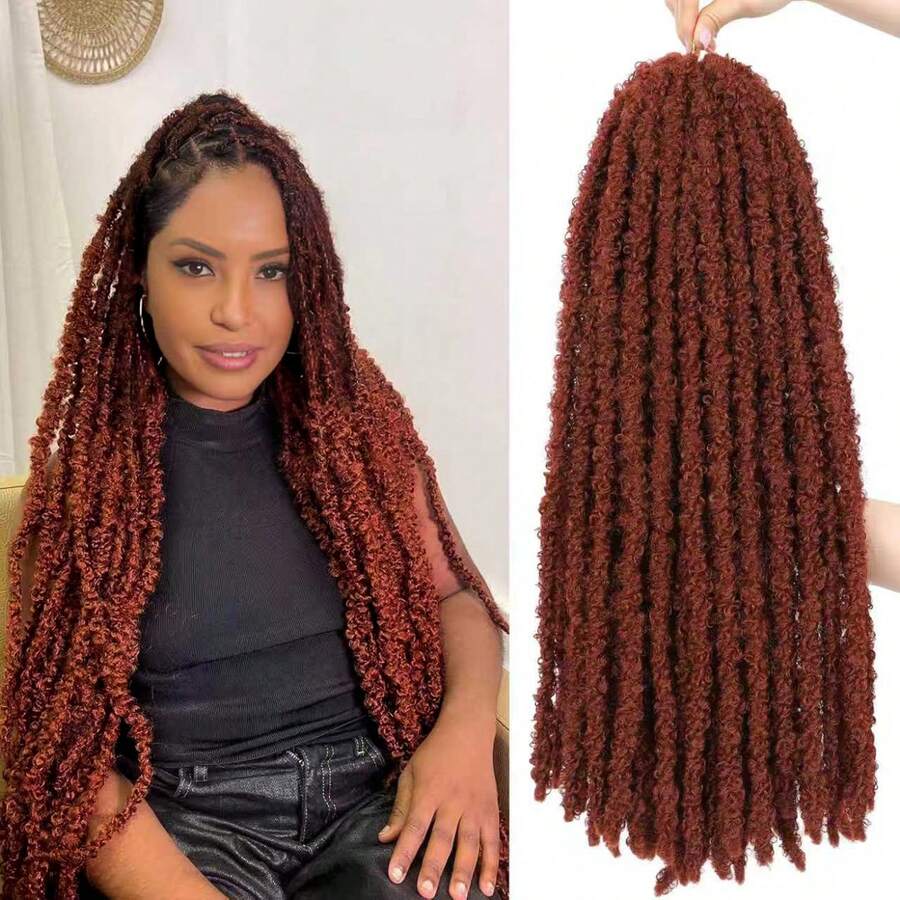 1-6 piezas Extensiones de cabello sintético con trenzas de mariposa, piezas de cabello trenzado con rizo suave - Óxido marrón - Ver 1