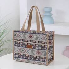 New Thick Knit Jacquard Fabric Handbag, Large Capacity Portable Lunch Box Storage Bag, Bento Bag, Lunch Bag, Suitable For Office Lunch, Outdoor Picnic, Lunch Box Storage, Aluminum Foil Insulation Layer Inside, Zipper Pocket In Front - Beige - View 10