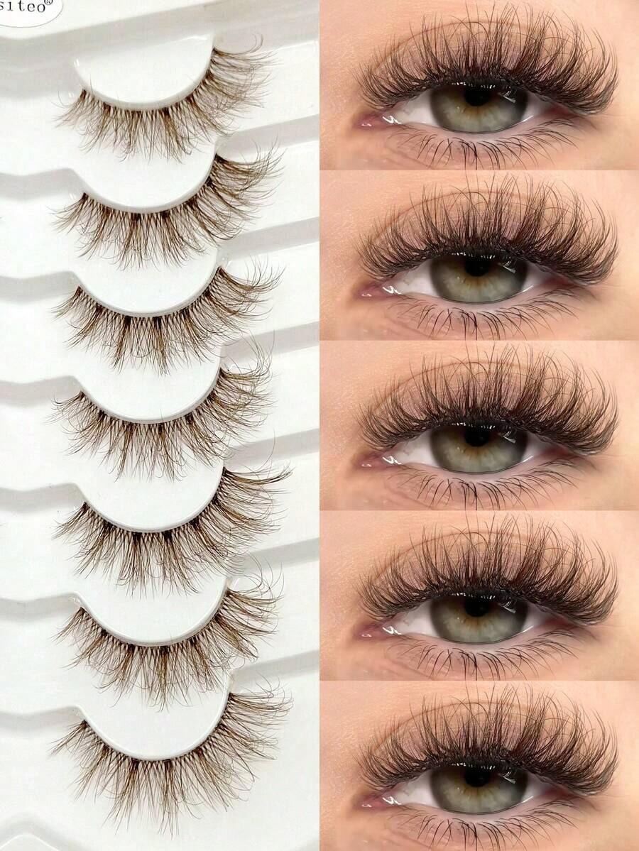 Pairs Brown Faux Mink Eyelashes, Transparent Stem, Fine & Thick Eye Makeup, Fluffy & Natural, Transparent Stem, 3D Curly, Full Strip Lashes, Eyelash Extensions, False Eyelashes, Lashes
