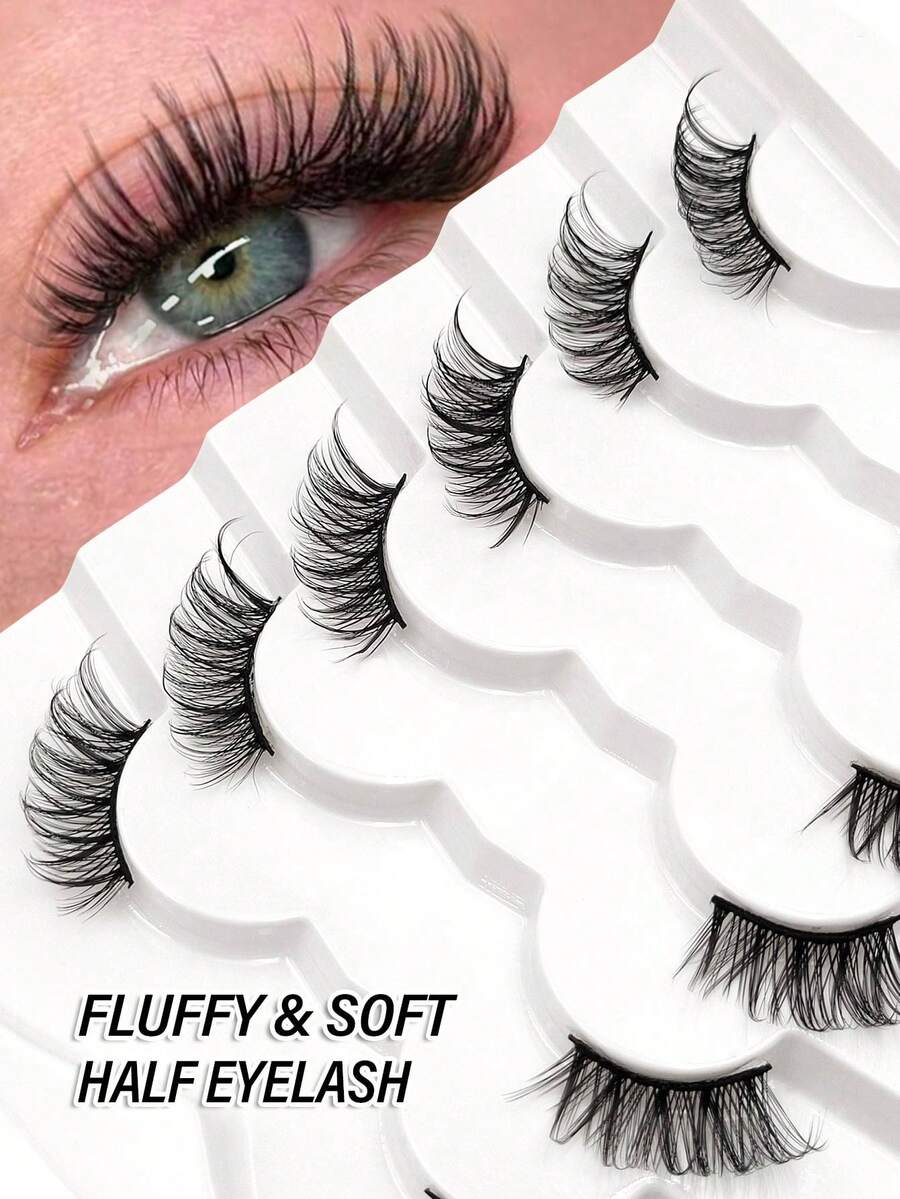 Rikuaild 6对半假睫毛 自然猫眼假睫毛 漫画睫毛 自然睫毛 短款柔软3D仿貂毛假睫毛 轻盈蓬松仿貂毛假睫毛 睫毛嫁接工具 条状假睫毛，睫毛，假睫毛用品 音乐节 - 黑色 - 查看 1