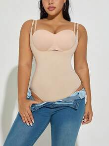 Plus Size Women Open Front Jumpsuit Shapewear, Tummy Control Butt Lifter Jumpsuit - Apricot - View 6