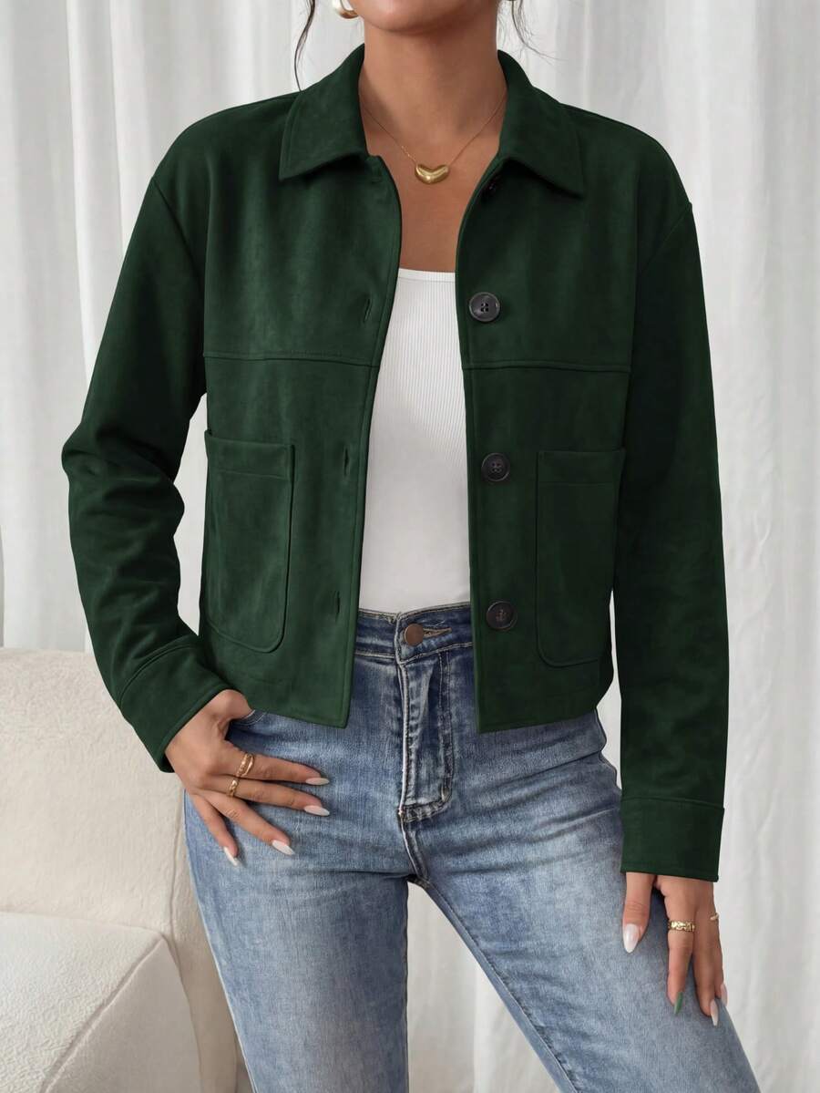 PRETTYGARDEN Women's Faux Suede Cropped Jacket Casual Fall Fashion Button Down Winter Coats Outerwear Clothes Christmas New Years Outfit Women - 深綠色 - 查看 1