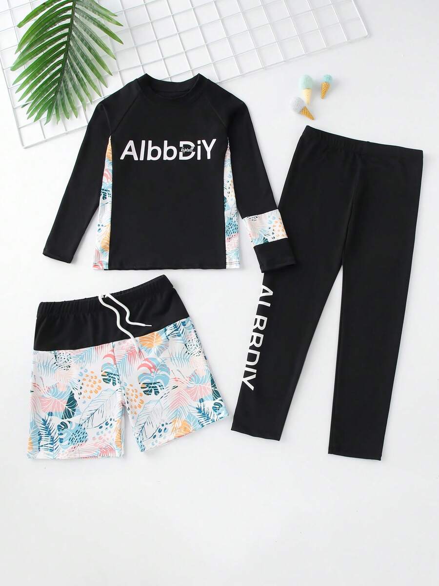 3件套男童字母印花长袖上衣、短裤和泳衣速干套装