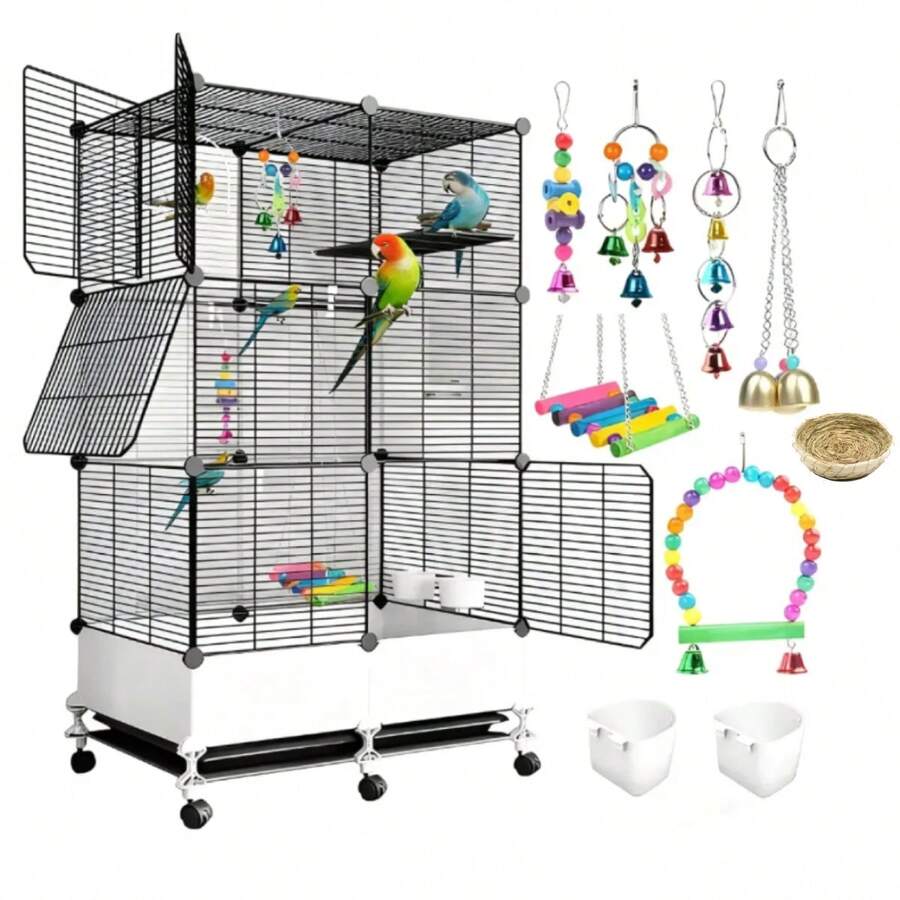 Bird Cages, 75 X 39 X 120 Cm, Large Metal Bird Cages With Wheels And Cleaning Tray, Water Bowl, Perch, Parrot Cage, Canary Cage, Bird Toys, Black - 均碼 - 查看 1