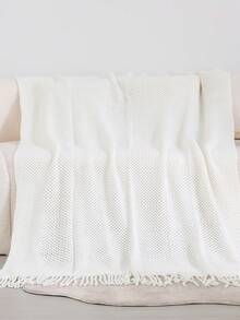 1pc Knitted Throw Blanket, Casual Nap Blanket With Tassels For Bed, Living Room, Sofa, Chair - White Mesh Scarf - View 3