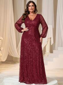 EVERPRETTY Plus Size Women's Luxurious V-Neck Burgundy Lantern Sleeve Formal Evening Gown, Party Dress, Spring/Summer Wedding Guest Dress, Holiday Dress Elegant - Burgundy - View 2