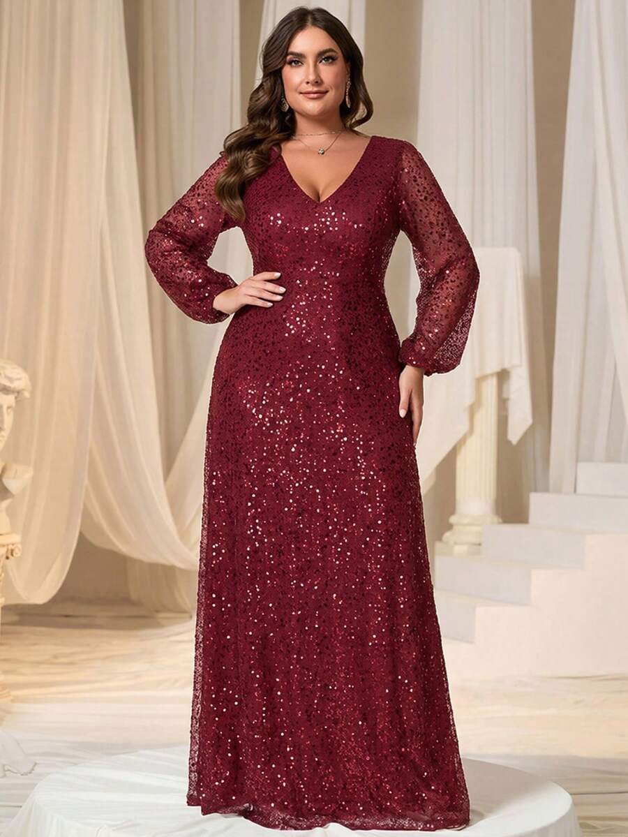EVERPRETTY Plus Size Women's Luxurious V-Neck Burgundy Lantern Sleeve Formal Evening Gown, Party Dress, Spring/Summer Wedding Guest Dress, Holiday Dress Elegant