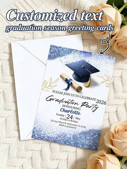 1 Thiệp Chúc Mừng Tốt Nghiệp Tùy Chỉnh Văn Bản, Thiệp Mời Tiệc Tốt Nghiệp Khóa 2026 Cá Nhân Hóa, Thiệp Tốt Nghiệp Tùy Chỉnh Tên & Chi Tiết Sự Kiện, Thiết Kế Mũ Tốt Nghiệp & Bằng Tốt Nghiệp Màu Xanh Lấp Lánh, Vật Phẩm Tiệc Tốt Nghiệp Dùng Để Thông Báo, Mời Gọi, Chúc Mừng, Món Quà Lý Tưởng Cho Sinh Viên Tốt Nghiệp, Bạn Bè, Vật Phẩm Tiệc Tốt Nghiệp, Quà Tặng Cá Nhân Hóa