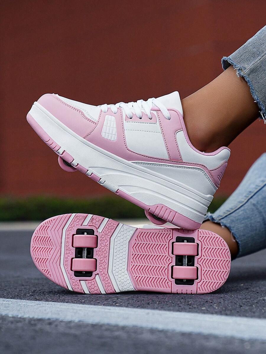 Campus Student Girls Detachable Wheeled Shoes, Low-Top Lace-Up Roller Shoes, Lightweight, Durable And Non-Slip, Suitable For Outdoor Activities - Pink - View 1
